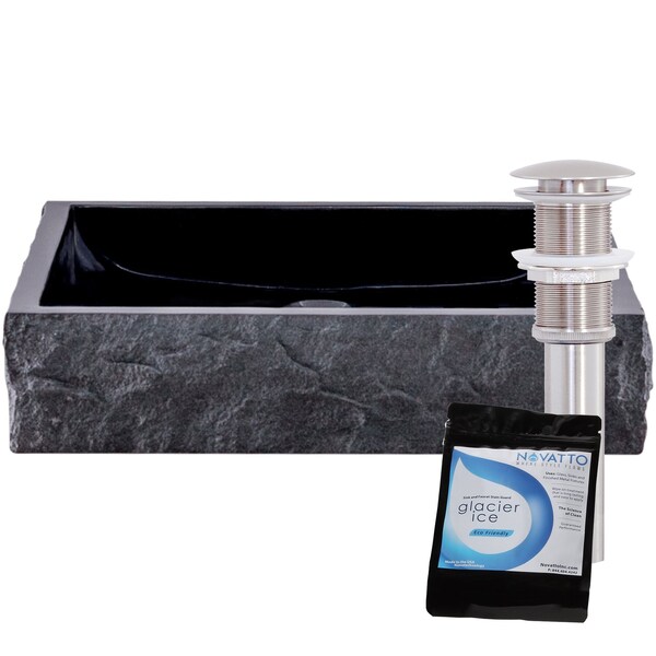 Novatto Square Black Granite Vessel Sink with Chiseled Exterior and Brushed Nickel Drain NOSV-ANSQBN - main